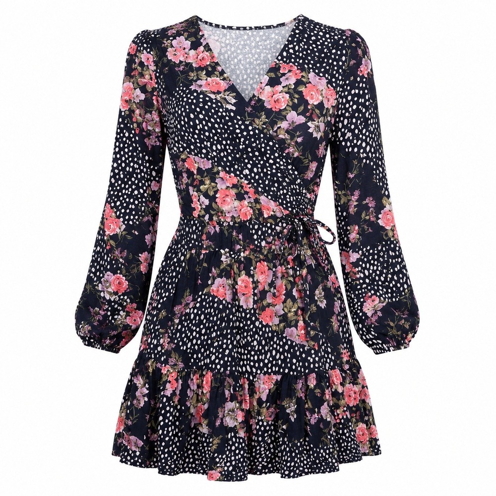 NEW Lipsy London Wrap Mini Dress Women Sz 8 Black Floral Polka Dot Wedding Guest